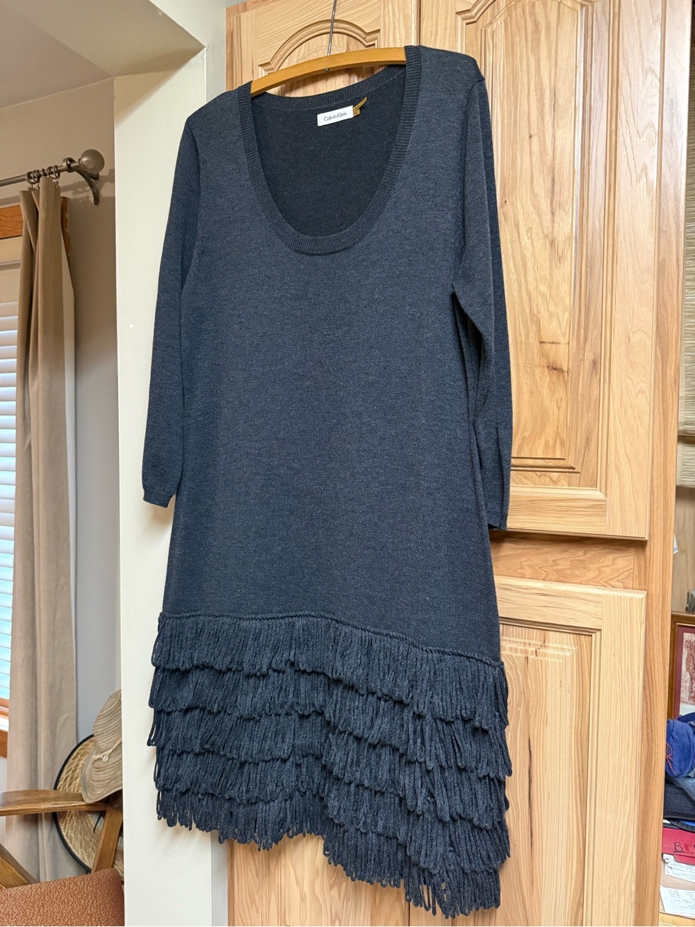 Calvin Klein Charcoal Scoop Neck Fringe Hem Mini Dress